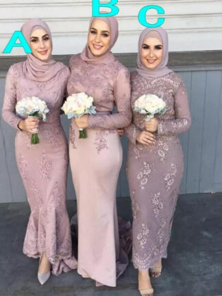 Купить 2020 Custom Sheath Tea Length lace Country Muslim Bridesmaid Dresses Elegant long Sleeve Cheap Evening Prom Dresses