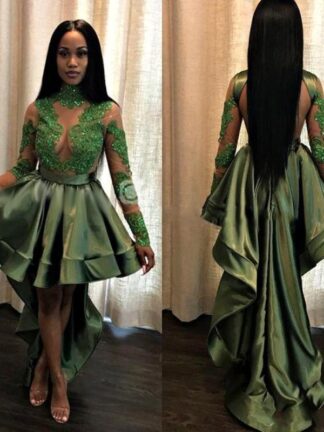 Купить African Olive Green Black Girls High Low Homecoming Dresses 2020 Sexy See Through Appliques Sequins Sheer Long Sleeves Evening Gowns BA8443