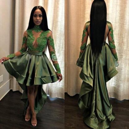 Купить African Olive Green Black Girls High Low Homecoming Dresses 2020 Sexy See Through Appliques Sequins Sheer Long Sleeves Evening Gowns BA8443