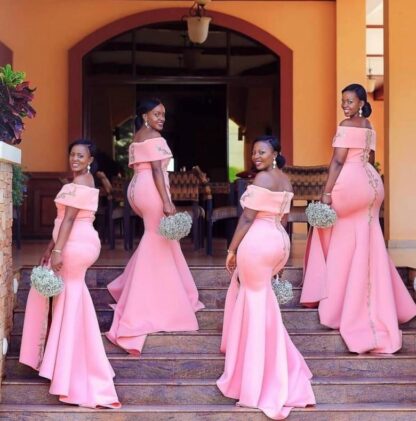 Купить Plus Size Pink Off the Shoulder Mermaid Bridesmaid Dresses 2019 Applique Arabic African Floor Length Stain Maid of Honor Gowns