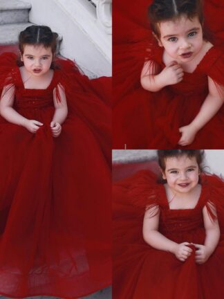 Купить Dark Red Tulle Straps Tassel Flower Girls' Dresses Princess Pageant Ball Gown Birthday Party Dress Kids Formal Wear BC0290