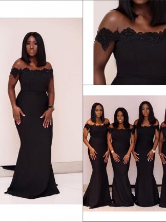 Купить African Black Off The Shoulder Satin Mermaid Long Bridesmaid Dresses 2020 Plus Size Applique Beaded Wedding Guest Maid Of Honor Dress