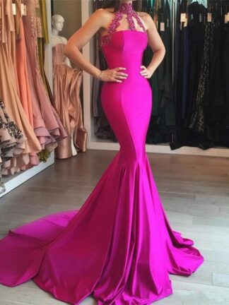 Купить Fuchsia Long Mermaid Prom Dresses High Neck Lace Appliqued Strapless Evening Dresses Cheap Elegant Formal Wear Cheap Pageant Gowns BA7724