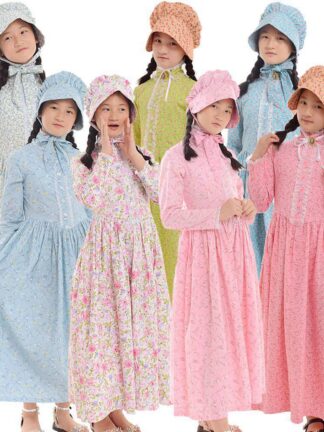 Купить Kids Halloween Carnival Party Girls Costume Civil War Colonial Countryside Dress with Hat Reenactment Outfit 6-14 Years