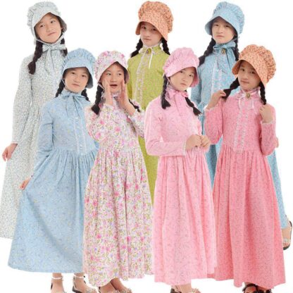 Купить Kids Halloween Carnival Party Girls Costume Civil War Colonial Countryside Dress with Hat Reenactment Outfit 6-14 Years