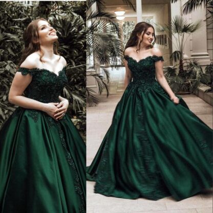 Купить Arabic Dark Green Ball Gown Evening Dresses Formal Elegant Off Shoulders Appliqued Sequined Satin Long Pageant Prom Gowns BC0009