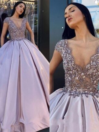Купить 2019 Lilac A Line Quinceanera Evening Dresses Arabic Dubai Style Sexy Plunging V Neck Cap Sleeves Applique Sequins Party Prom Gowns BC0248