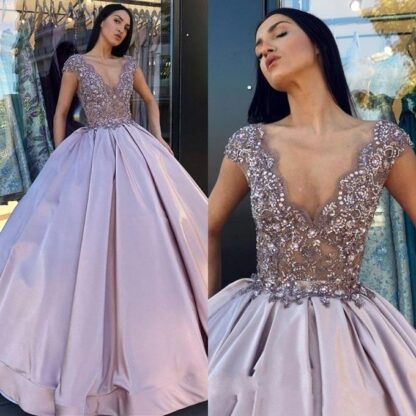 Купить 2019 Lilac A Line Quinceanera Evening Dresses Arabic Dubai Style Sexy Plunging V Neck Cap Sleeves Applique Sequins Party Prom Gowns BC0248