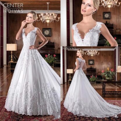 Купить 2019 Designer Custom Made crystal Wedding Dresses V Neck Lace A Line Sweep Train Illusion Back Custom Made Cheap Bridal Dresses BC0263
