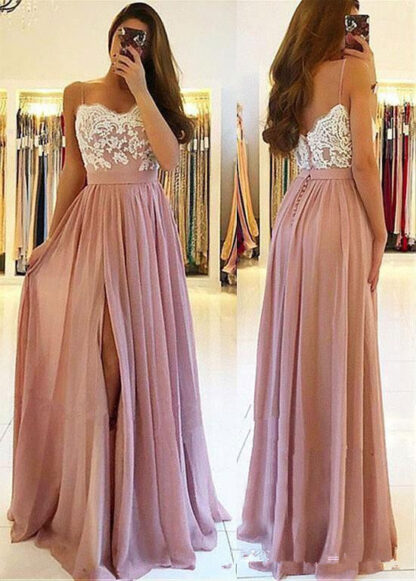 Купить Blush Pink Lace Arabic Beach Bridesaid Dresses Spaghetti A-line Wedding Guest Dresses High Split Chiffon Party Gowns robe de soiree