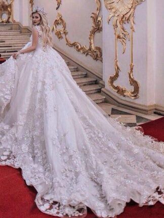 Купить Gorgeous Saudi Arabic Vestido De Noiva 3D Flower Lace A Line Wedding Dresses 2020 Royal Train Crystal Vintage Plus Size Bridal Gowns