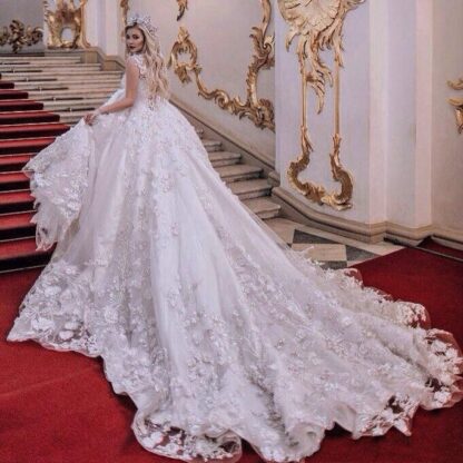 Купить Gorgeous Saudi Arabic Vestido De Noiva 3D Flower Lace A Line Wedding Dresses 2020 Royal Train Crystal Vintage Plus Size Bridal Gowns