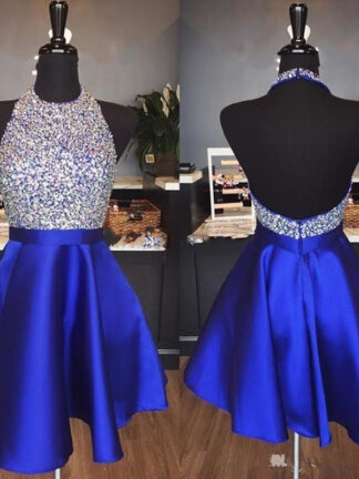 Купить Royal Blue Sparkly Homecoming Dresses A Line Hater Backless Beading Short Cocktail Party for Prom abiti da ballo Custom Made