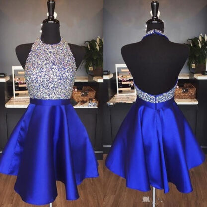 Купить Royal Blue Sparkly Homecoming Dresses A Line Hater Backless Beading Short Cocktail Party for Prom abiti da ballo Custom Made