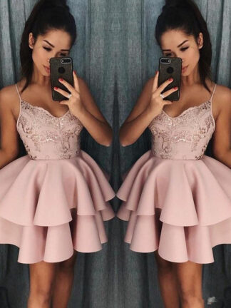 Купить Dusty Rose Short Homecoming Dresses New Fall Spaghetti Straps A Line Layers Cocktail Dress Lace Sequins Mini Prom Gowns