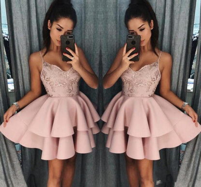 Купить Dusty Rose Short Homecoming Dresses New Fall Spaghetti Straps A Line Layers Cocktail Dress Lace Sequins Mini Prom Gowns