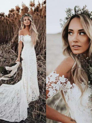 Купить 2022 Elegan Gowns t Boho Lace Wedding Dresses Country Style Off The Shoulder Short Sleeves Bridal Beach Sweep Train
