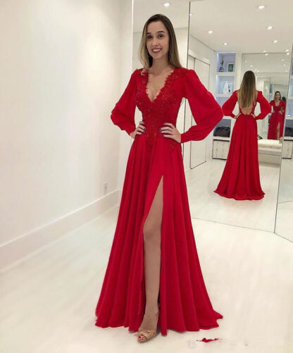 Купить 2022 Sexy Red A Line Chiffon Prom Dress Deep V Neck Long Sleeves Lace Appliques Dresses Evening Wear Formal Occasion Gowns