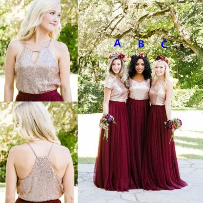 Купить Burgundy Bridesmaid Dresses Rose Gold Sequins Mix and Match Wedding Party Guest Gowns Junior Maid of Honor Dress Full Length