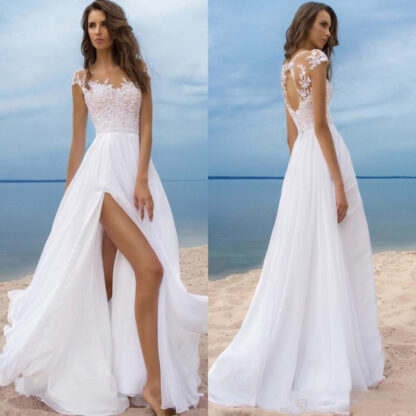 Купить Luxury Beach Boho Evening Dresses Short Sleeves Chiffon Long Bridal Gowns High Side Slit Backless robe de mariee Sheer Neck