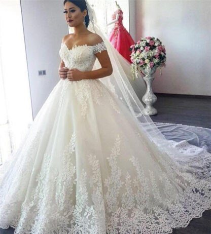 Купить Luxury Lace Ball Gown Off the Shoulder Wedding Dresses Sweetheart Sheer Back Princess Illusion Applique Bridal Gowns robe de mariage