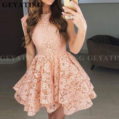 Купить 2020 Blush Pink Lace Puffy Short Homecoming Dresses A Line Burgundy Graduation Dress Tiered Red Mini Dress for special occasion Prom Gowns