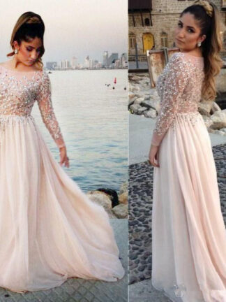 Купить Luxury Style Long Illusion Sleeve Plus Size Prom Dresses Scoop Neck Crystals Beads Sequins Floor Length Party Gowns Evening robes de soirée