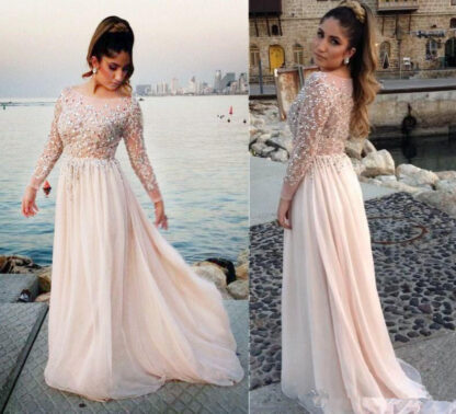 Купить Luxury Style Long Illusion Sleeve Plus Size Prom Dresses Scoop Neck Crystals Beads Sequins Floor Length Party Gowns Evening robes de soirée