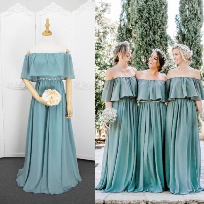 Купить Stunning Off Shoulder Chiffon Bridesmaid Dresses Lace Up 2020 Bohemian Bridesmaid Gowns Floor Length Wedding Guest Dresses