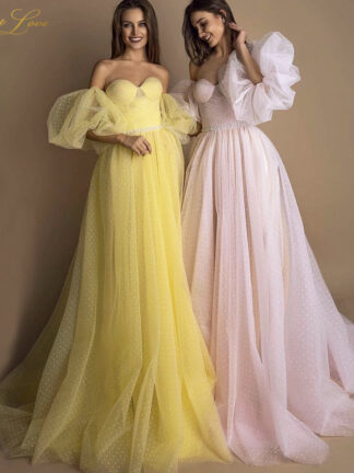 Купить BeryLove Bright Yellow Prom Dress Pink Dot Tulle A-line Long Party Dress Formal Latter evening Sleeves Elegant Dresses Vestido