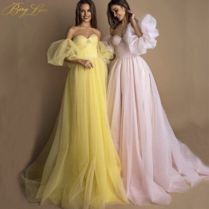 Купить BeryLove Bright Yellow Prom Dress Pink Dot Tulle A-line Long Party Dress Formal Latter evening Sleeves Elegant Dresses Vestido