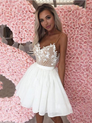Купить Little White Homecoming Dresses With Appliques Spaghetti A Line Short Cocktail Party Dress Custom Made Prom Gowns