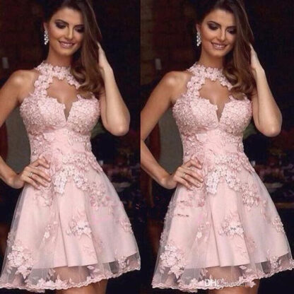 Купить 2022 Elegant Cocktail Dresses Pink Jewel Lace Appliques Short Homecoming Dress Backless Mini Prom Party Plus Size
