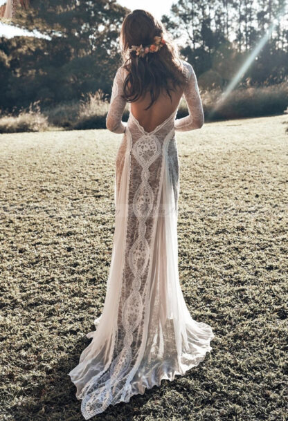 Купить Vintag Gowns Dresses Lace Backless Boho Beach Wedding Long Sleeve Nude Lining Country Bohemian Hippie Gypsy Bride