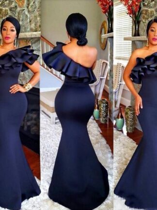 Купить New Dresses Plus Size African Navy Blue Mermaid Bridesmaid One Shoulder Ruffles Tiered Backless Floor Length Party Maid of Honor Gowns