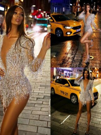 Купить 2020 Long Sleeve Cocktail Dresses Sexy Short Deep V Neck Crystal Beads Prom Dress See Through Sexy Mini Evening Gowns