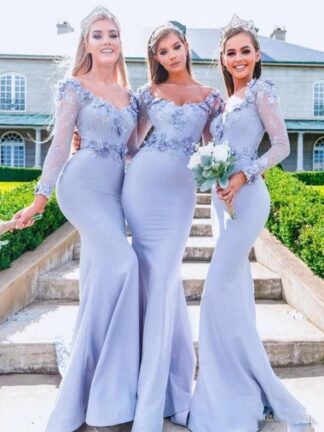 Купить Princess Mermaid Bridesmaid Dresses V Neck Appliques Lace And Satin Long Sleeves Wedding Guest Dress Sweep Train Prom Gowns