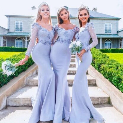 Купить Princess Mermaid Bridesmaid Dresses V Neck Appliques Lace And Satin Long Sleeves Wedding Guest Dress Sweep Train Prom Gowns