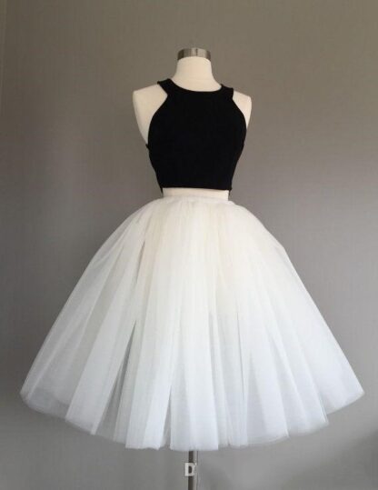 Купить Black And White two Pieces Party Bridesmaid Dresses Ball Gown Halter Tulle Ruched Knee Length prom Homecoming Dress New