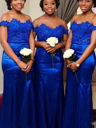 Купить Royal Blue Off Shoulder Satin Mermaid Bridesmaid Dresses Long Lace Applique Beaded Maid of Honor Gowns Wedding Party Dress Plus Size Custom