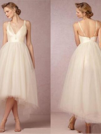Купить Simple Beach Evening Dresses Plunging Neckline Sleeveless Gowns With Tiered Tulle Ruffle Tea-Length Bridal Gown