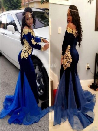 Купить Royal Blue Mermaid Velvet Prom Dresses with Gold Lace Applique Long SleeveS Plus Size Formal Pageant Evening Gowns for Party Girls