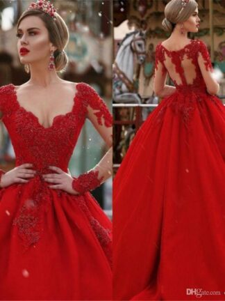 Купить Custom Make Long Sleeves Red Prom Dresses Plunging V-neck Lace Appliqued Puffy Arabic Dubai Formal Party evening Gowns Celebrity
