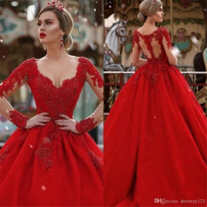 Купить Custom Make Long Sleeves Red Prom Dresses Plunging V-neck Lace Appliqued Puffy Arabic Dubai Formal Party evening Gowns Celebrity