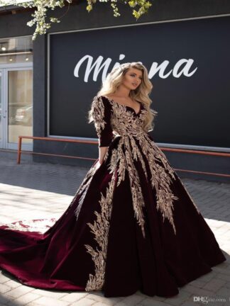 Купить Burgundy Dubai Arabic Ball Gown Evening Dresses Lace Appliqued Celebrity V Neck Long Sleeve Gowns Formal Pageant Dress