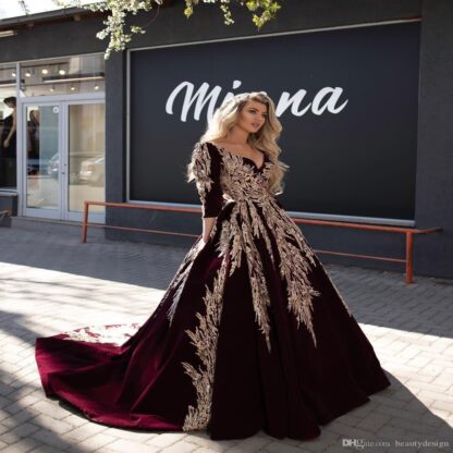 Купить Burgundy Dubai Arabic Ball Gown Evening Dresses Lace Appliqued Celebrity V Neck Long Sleeve Gowns Formal Pageant Dress