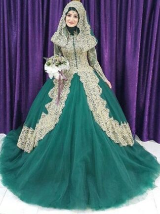 Купить Turkish Islamic Women Dress Couture Ball Gown Robe De Mariage Gold Applique Hijab Dubai Kaftan Muslim Bridal evening Gowns