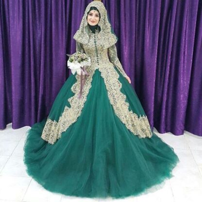 Купить Turkish Islamic Women Dress Couture Ball Gown Robe De Mariage Gold Applique Hijab Dubai Kaftan Muslim Bridal evening Gowns