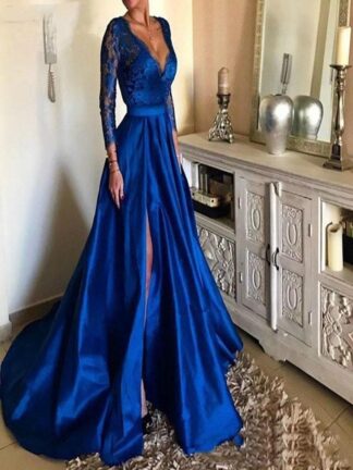 Купить 2021 Royal Blue Plunging V-Neck Lace Long Prom Dresses High Split Long Sleeves Satin Evening Gowns Plus Size Sweep Train Vestidos De Festa