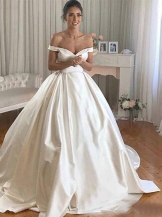 Купить 2022 Simple Satin Wedding Dresses Off The Shoulder Ball Gown Bride Dress Chapel Train Gowns Buttons Back Vestido De Noiva
